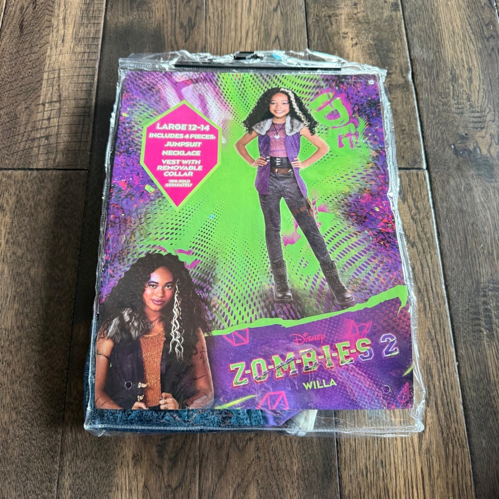 Disney Zombies 2 Willa Costume Girls Large 12-14 Jumpsuit Vest Necklace 4pc Set